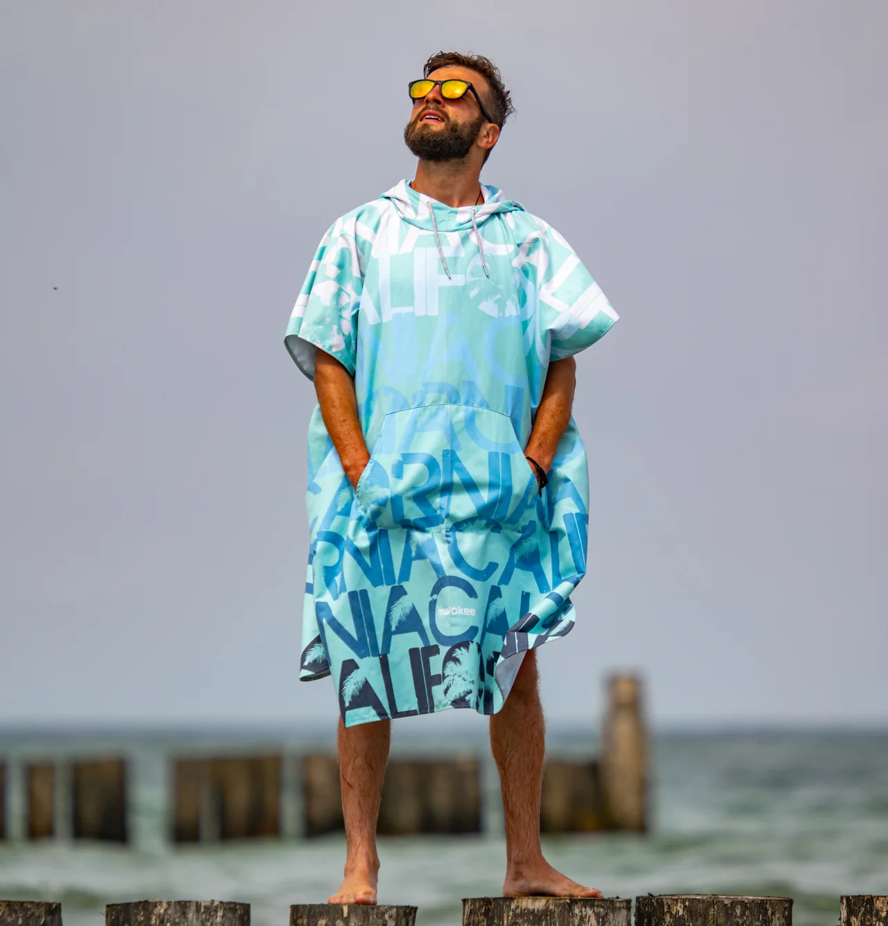 Poncho à capuche surf et plage Adulte California Mint